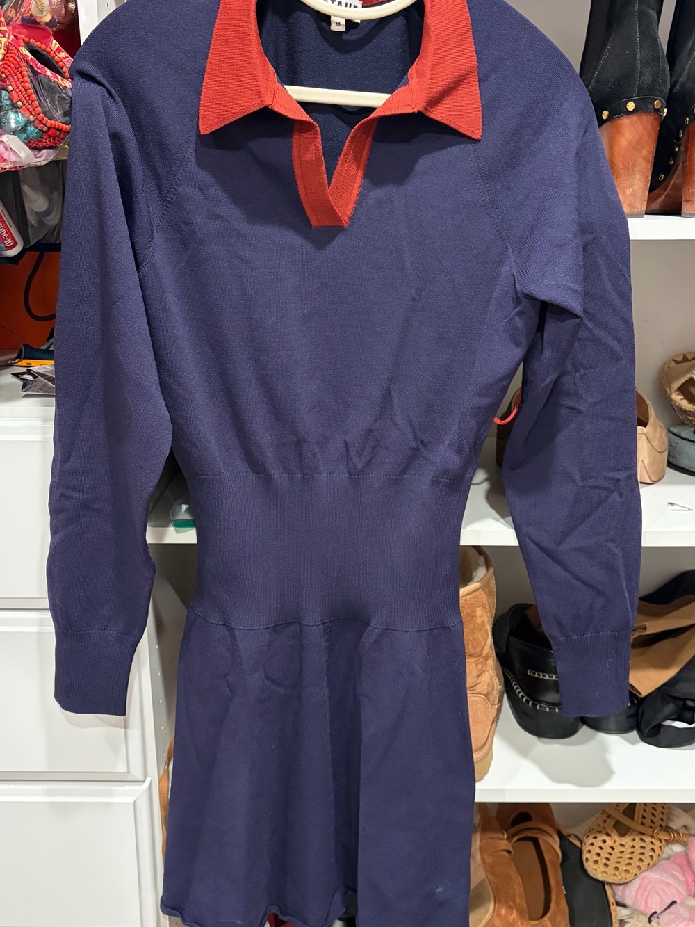 STAUD Navy Long-Sleeve Knit Dress with Red Collar